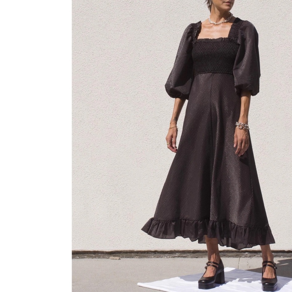 NWT 🖤 GANNI Seesucker Puff-Sleeve Midi Dress - Picture 5 of 12